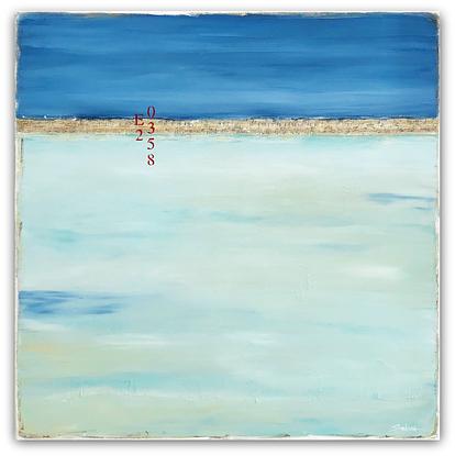 Coastal abstract minimalist beach art landscape seascape painting, with blue and light teal colours, by artist Sabina D'Antonio.