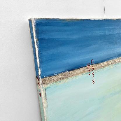 Coastal abstract minimalist beach art landscape seascape painting, with blue and light teal colours, by artist Sabina D'Antonio.