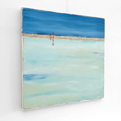 Coastal abstract minimalist beach art landscape seascape painting, with blue and light teal colours, by artist Sabina D'Antonio.