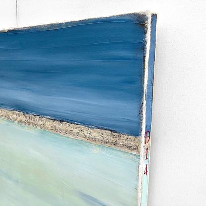 Coastal abstract minimalist beach art landscape seascape painting, with blue and light teal colours, by artist Sabina D'Antonio.