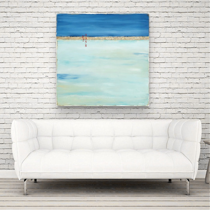 Coastal abstract minimalist beach art landscape seascape painting, with blue and light teal colours, by artist Sabina D'Antonio.