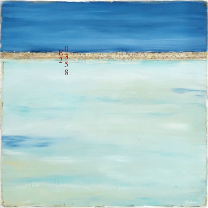 Coastal abstract minimalist beach art landscape seascape painting, with blue and light teal colours, by artist Sabina D'Antonio.