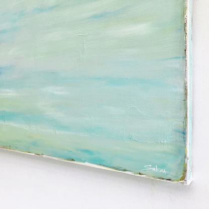 Coastal abstract minimalist beach art landscape seascape painting, with blue and light teal colours, by artist Sabina D'Antonio.