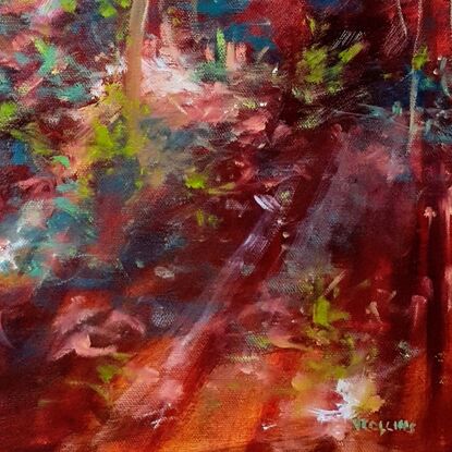 Impressionistic landscape interior by Victoria Collins, of interior sapling forest with morning sunlight streaming through from behind - in striking crimson and ochre colours with highlights of teal green.

On display at Bungendore Wood Works Gallery, Bungendore, NSW.

Inventory #0127OB
