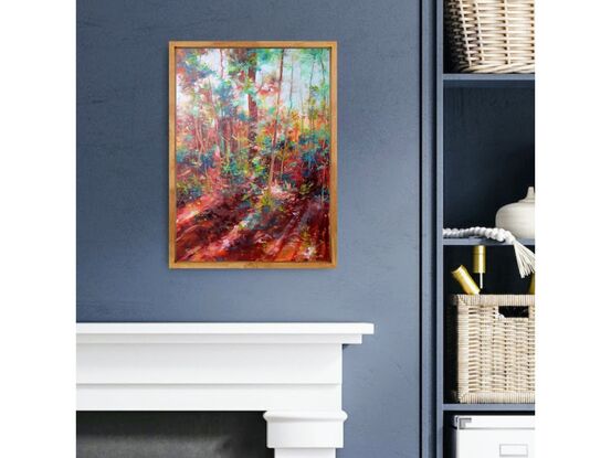 Impressionistic landscape interior by Victoria Collins, of interior sapling forest with morning sunlight streaming through from behind - in striking crimson and ochre colours with highlights of teal green.

On display at Bungendore Wood Works Gallery, Bungendore, NSW.

Inventory #0127OB
