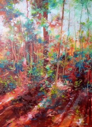 Impressionistic landscape interior by Victoria Collins, of interior sapling forest with morning sunlight streaming through from behind - in striking crimson and ochre colours with highlights of teal green.

On display at Bungendore Wood Works Gallery, Bungendore, NSW.

Inventory #0127OB
