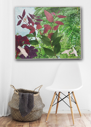 This artwork is designed to bring nature into your room, consisting of foliage, ferns and palms, flowers, a spider plus web sitting in amongst the foliage waiting for an insect to pass by, hence the name "Waiting for Lunch".  This is all surrounded with a white box frame offering a peaceful and calming effect on the wall.