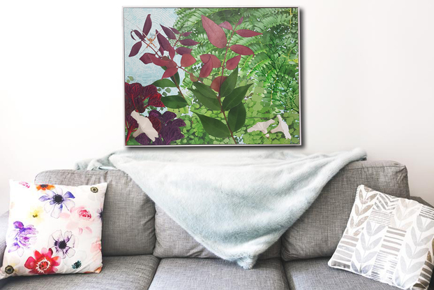 This artwork is designed to bring nature into your room, consisting of foliage, ferns and palms, flowers, a spider plus web sitting in amongst the foliage waiting for an insect to pass by, hence the name "Waiting for Lunch".  This is all surrounded with a white box frame offering a peaceful and calming effect on the wall.