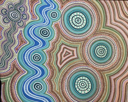 (CreativeWork) Aboriginal dot painting ‘camping at the mountains’ by gidabul doobay. Acrylic. Shop online at Bluethumb.