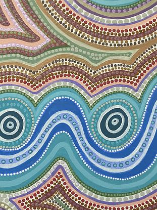 (CreativeWork) Aboriginal dot painting ‘camping at the mountains’ by gidabul doobay. Acrylic. Shop online at Bluethumb.