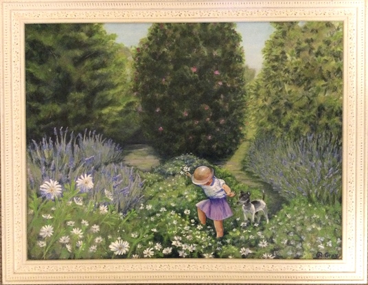 Child and dog in flower garden