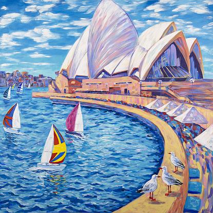 Sydney Opera House  with sailing boats an seagulls, the original acrylic  painting by Irina Redine. 