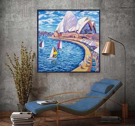 Sydney Opera House  with sailing boats an seagulls, the original acrylic  painting by Irina Redine. 