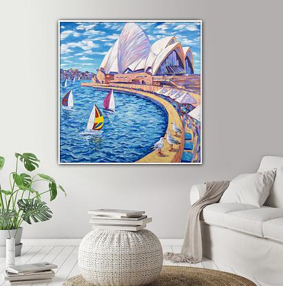 Sydney Opera House  with sailing boats an seagulls, the original acrylic  painting by Irina Redine. 