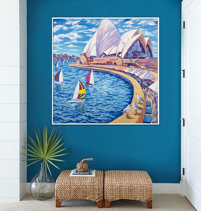 Sydney Opera House  with sailing boats an seagulls, the original acrylic  painting by Irina Redine. 