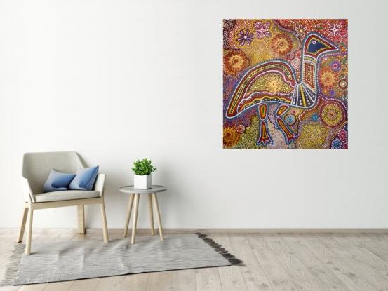 Marvel at the Expressive Aboriginal Art - A Vision of the Ancient Heritage 
This stunning painting is a description of an artwork that depicts the emu in the sky, a cultural symbol of many Aboriginal groups in Australia. 