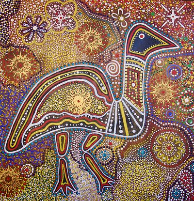 Marvel at the Expressive Aboriginal Art - A Vision of the Ancient Heritage 
This stunning painting is a description of an artwork that depicts the emu in the sky, a cultural symbol of many Aboriginal groups in Australia. 