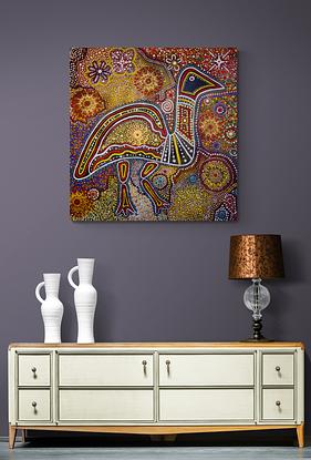 Marvel at the Expressive Aboriginal Art - A Vision of the Ancient Heritage 
This stunning painting is a description of an artwork that depicts the emu in the sky, a cultural symbol of many Aboriginal groups in Australia. 