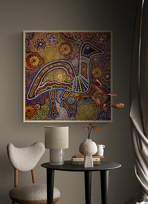 Marvel at the Expressive Aboriginal Art - A Vision of the Ancient Heritage 
This stunning painting is a description of an artwork that depicts the emu in the sky, a cultural symbol of many Aboriginal groups in Australia. 