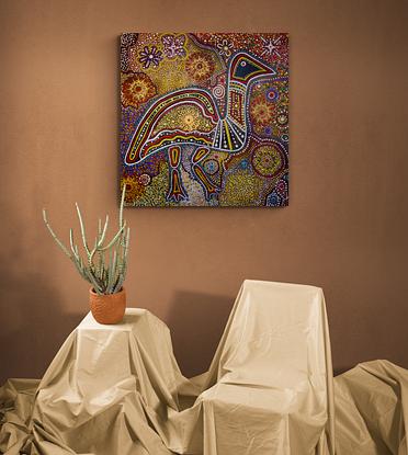 Marvel at the Expressive Aboriginal Art - A Vision of the Ancient Heritage 
This stunning painting is a description of an artwork that depicts the emu in the sky, a cultural symbol of many Aboriginal groups in Australia. 