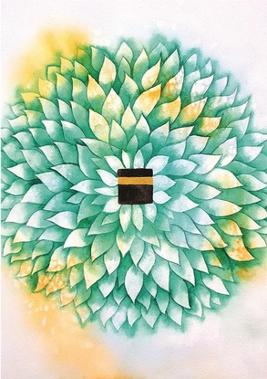 This is a picture of a square watercolour painting. There is an image in black and gold of the Kabah in the centre, with green leaves laid out in an intricate pattern radiating outwards the edges of the painting.