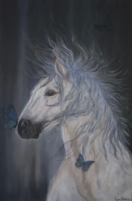 White horse with blue butterflies 