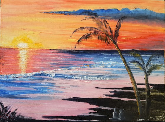 A couple sitting under a palm tree and watching the sunset. Big yellow sun reflecting on the water. Orange and red sky. Orange and blue water. Low surf. Pink sand. Dark shadows on the sand. 