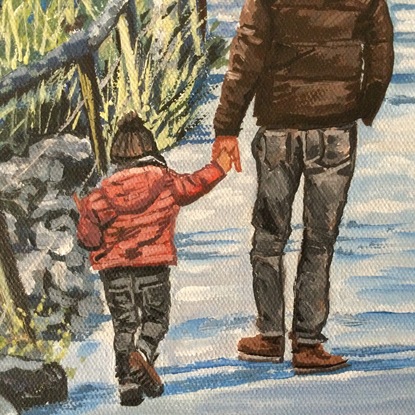 Father and child walking in country near bridge 