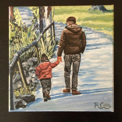 Father and child walking in country near bridge 