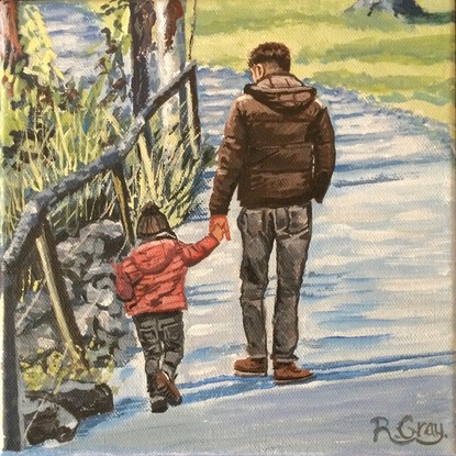 Father and child walking in country near bridge 