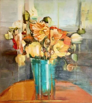 abstract orange and yellow poppies in turquoise vase.