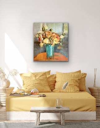 abstract orange and yellow poppies in turquoise vase.