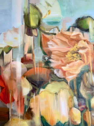 abstract orange and yellow poppies in turquoise vase.