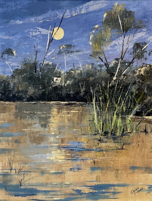 (CreativeWork) Moonrise over the Lagoon by Steven Fisher. Oil. Shop online at Bluethumb.