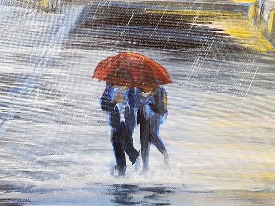 Raining. Two women under a red umbrella walking in paddles on the wharf at Hickson Road Reserve. The Sydney Opera House in the background. Dark clouds in the sky. Street lights on. 