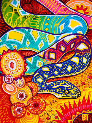 (CreativeWork) Rainbow Serpent by Brad Madge. Acrylic. Shop online at Bluethumb.