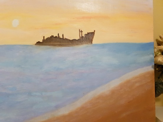 (CreativeWork)  Ship Passing By on the Horizon at Sunrise by Diane Markey. Oil. Shop online at Bluethumb.