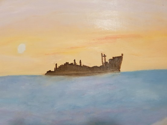 (CreativeWork)  Ship Passing By on the Horizon at Sunrise by Diane Markey. Oil. Shop online at Bluethumb.