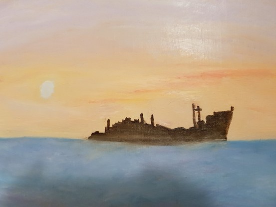 (CreativeWork)  Ship Passing By on the Horizon at Sunrise by Diane Markey. Oil. Shop online at Bluethumb.