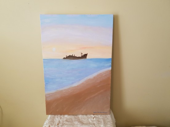 (CreativeWork)  Ship Passing By on the Horizon at Sunrise by Diane Markey. Oil. Shop online at Bluethumb.