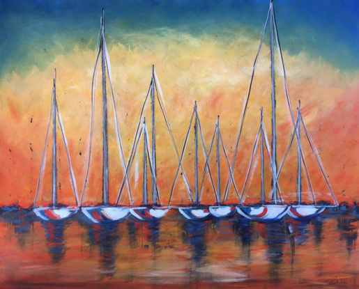 Group of Yachts at sunset 