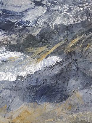 An abstract artwork that depicts the Victorian alps, painted with oils and mixed media. Soft shades of blue, silver, cream, white and grey.