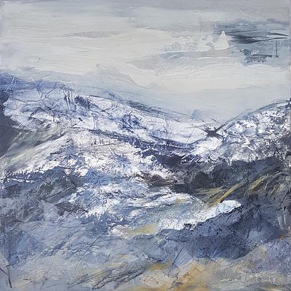 An abstract artwork that depicts the Victorian alps, painted with oils and mixed media. Soft shades of blue, silver, cream, white and grey.