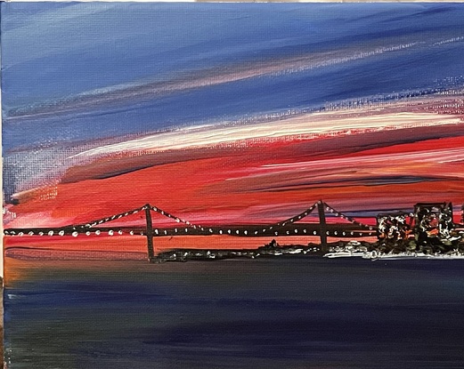 (CreativeWork) Bridge at night by Marcia Kelly. Acrylic. Shop online at Bluethumb.