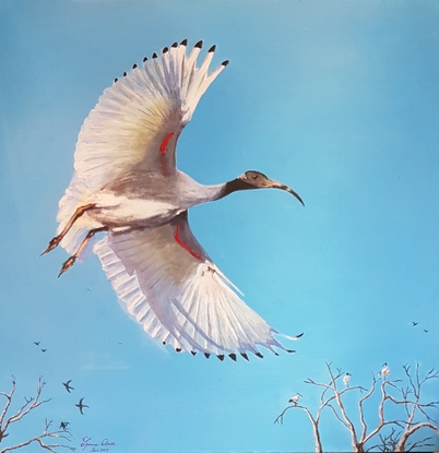 (CreativeWork) "Birds flying high - you know how I feel ?" by Lynne Amor. Acrylic. Shop online at Bluethumb.