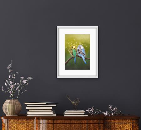 Two Budgerigars sleeping together on a branch 