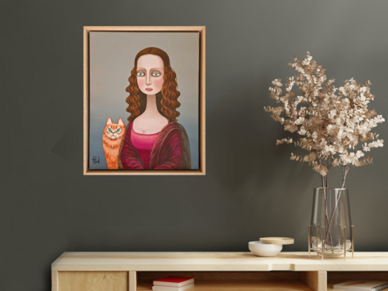 Surrealistic portrait of young  woman (Mona Lisa ) with cat 