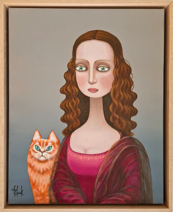 Surrealistic portrait of young  woman (Mona Lisa ) with cat 