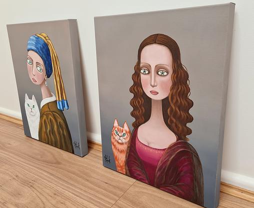 Surrealistic portrait of young  woman (Mona Lisa ) with cat 