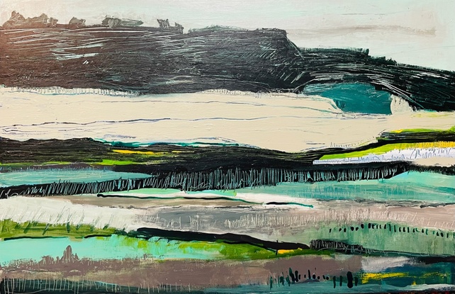 Heavily layered and textured landscape work referencing the palette, mood and scenery of Westernport Bay. Shades of grey, green and black with blue and yellow accents